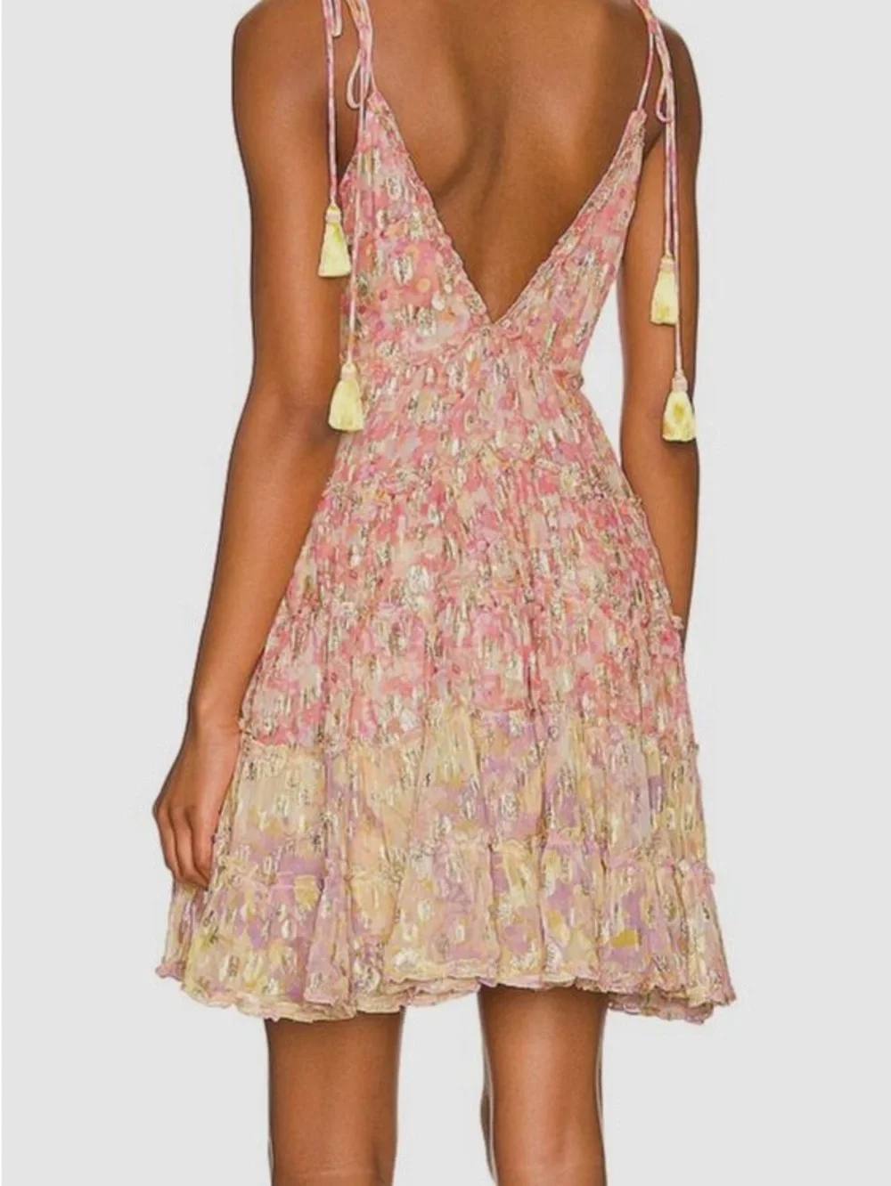 Pink Shimmer Floral Tie-Shoulder Sundress with Yellow Tassels